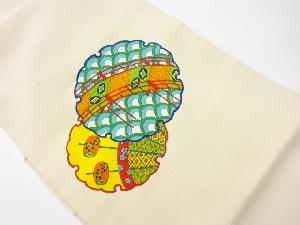 縮緬地雪輪に橋・古典柄・花々模様名古屋帯